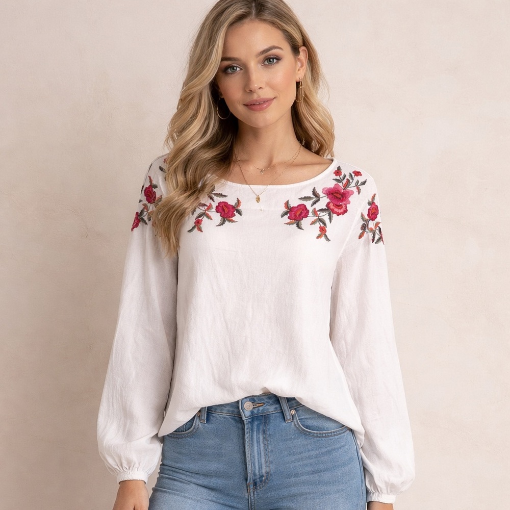 LOGG H&M pink floral embroidered ivory cotton top Peasant Size 6